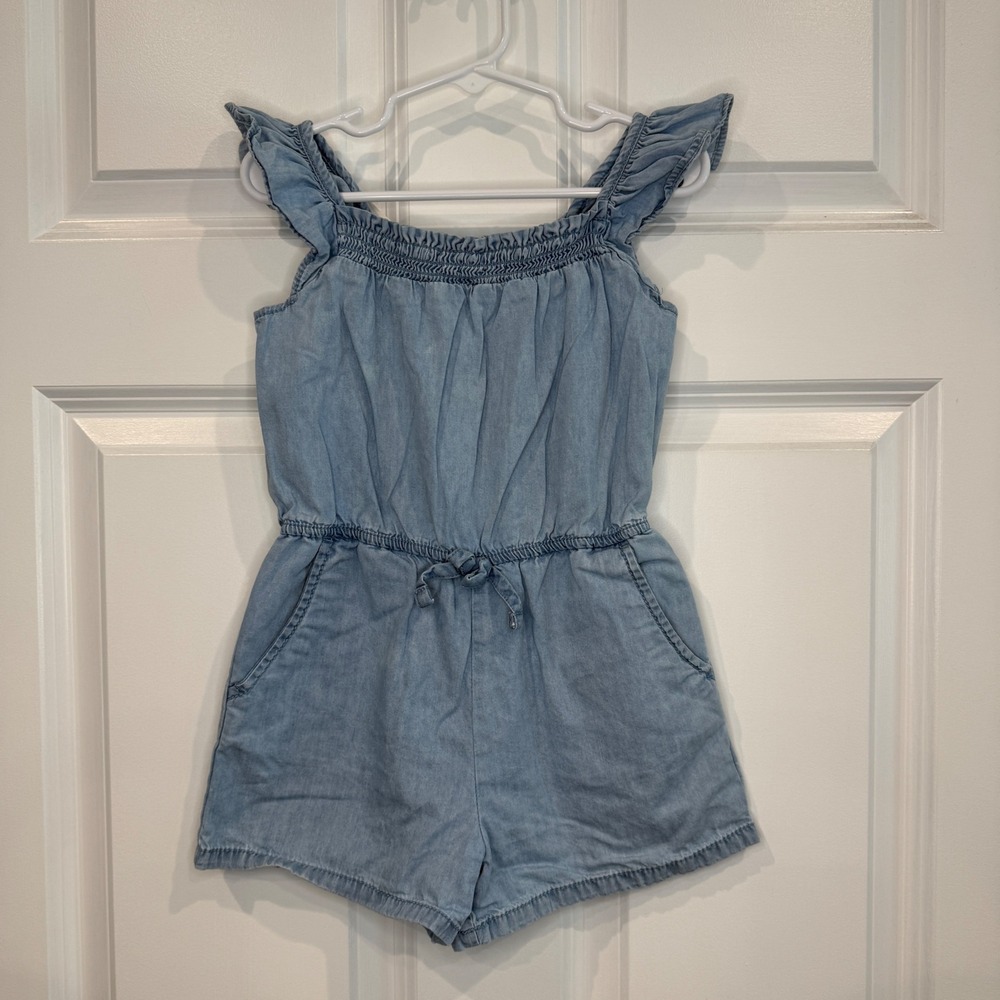 Cat & Jack Girls Light Wash Chambray Ruffle Strap Romper Blue Size 4T